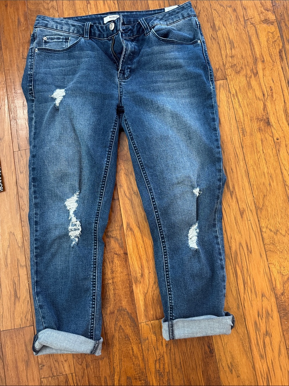Kensie Boyfriend Jeans - Medium Blue Distressed with Rolled Cuffs
